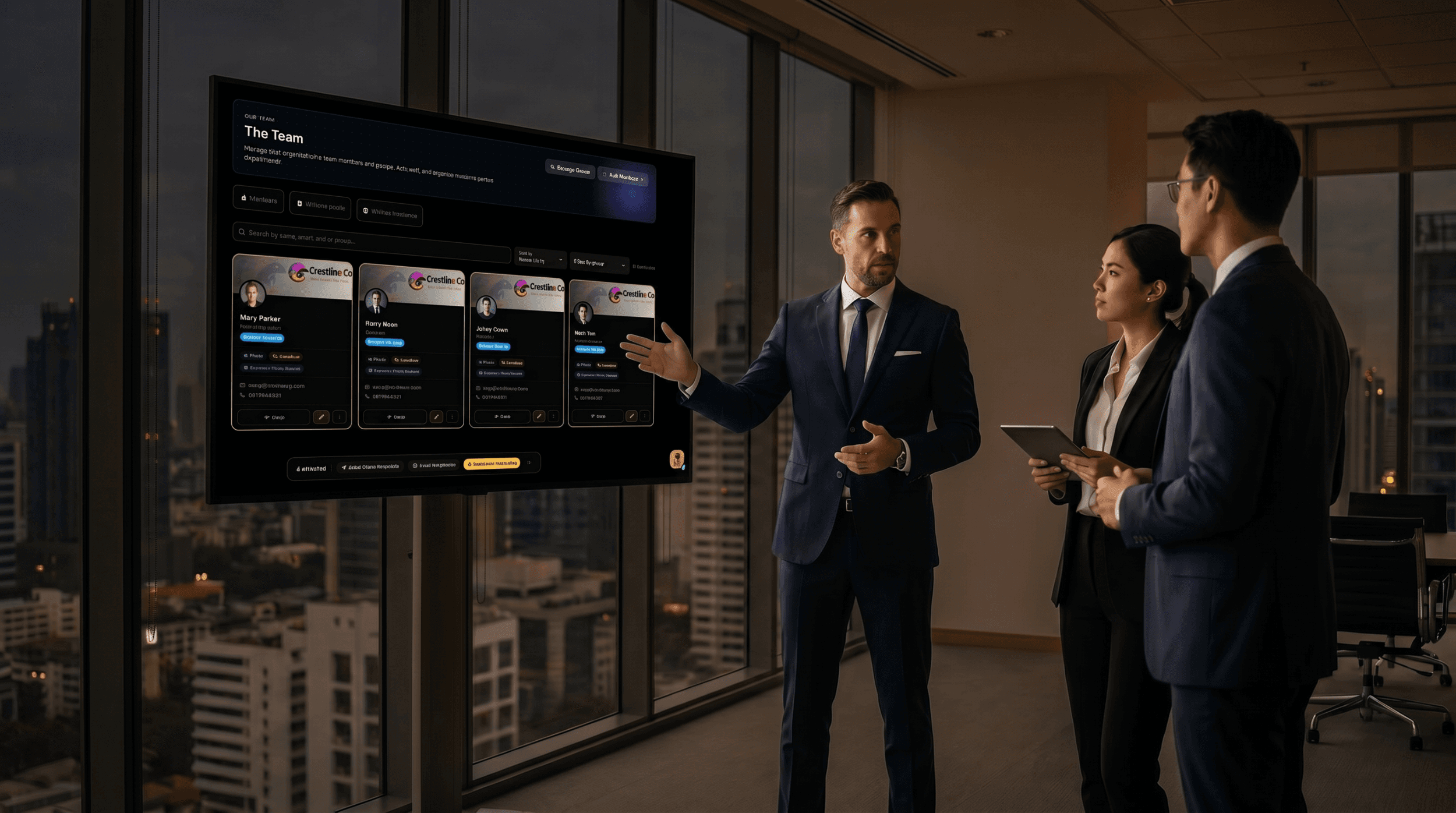 Enterprise leaders presenting brand strategy in a modern boardroom